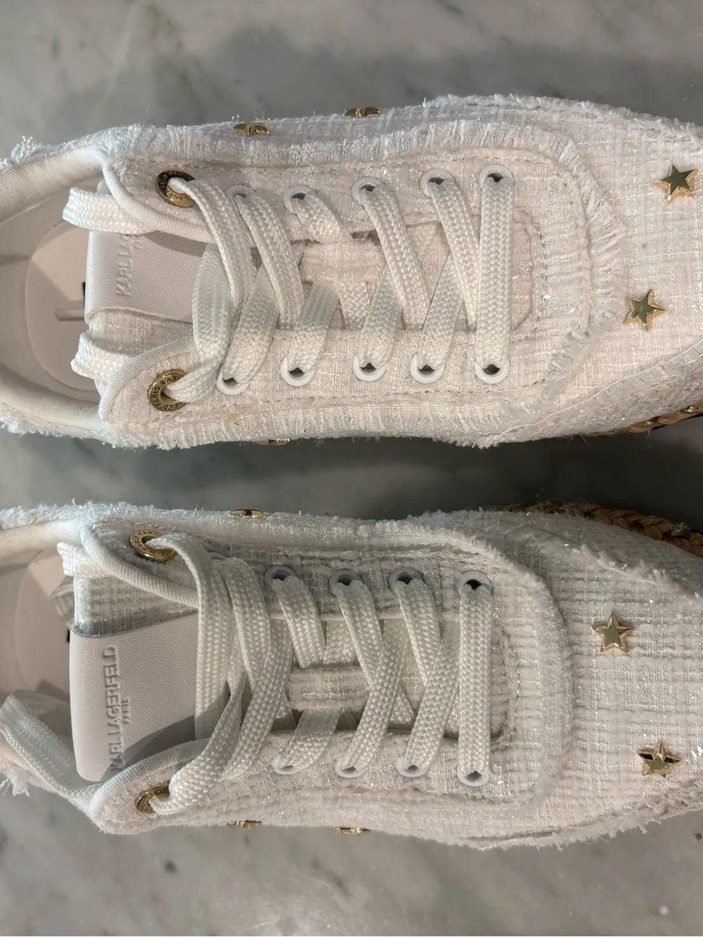 Karl Lagerfeld Paris Meaza Tweed Star Espadrille Sneakers White Gold - Size 7.5